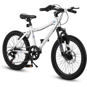 S20101 20 Inch Kids' Bike, Boys Girls Mountain Bike Ages 6-12, 7 Speed Teenager Children Kids' Bicycles, Front Suspension Disc Brake Rear V-Brake, Hig (Option: White)