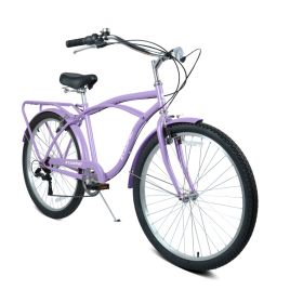 A26265B 26 Inch 7-Speed Beach Cruiser Bike For Men & Women High-Tensile Steel Frame & Lightweight Alloy Wheels With V-Brakes Multiple Colors For Leisu (Option: PURPLEWHITE)