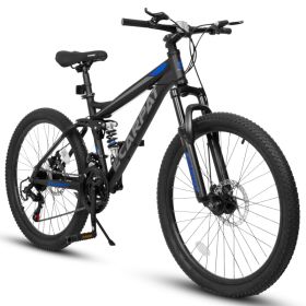 A2460 24 Inch Mountain Bike With Full Suspension, 21 Speed Shifter Lever With Gear Indicator, High Carbon Steel Frame, Mechanical Disc Brakes, Unisex (Option: Black)
