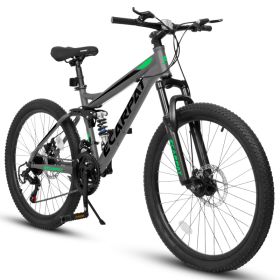 A2460 24 Inch Mountain Bike With Full Suspension, 21 Speed Shifter Lever With Gear Indicator, High Carbon Steel Frame, Mechanical Disc Brakes, Unisex (Option: Gray)