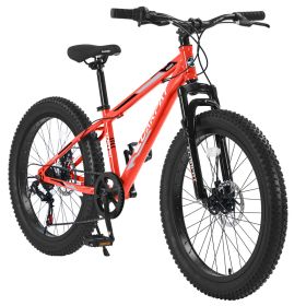 S24109 Elecony 24 Inch Fat Tire Bike Adult&Youth Full Shimano 7 Speeds Mountain Bike, Dual Disc Brake, High-Carbon Steel Frame, Front Suspension, Moun (Option: Orange)