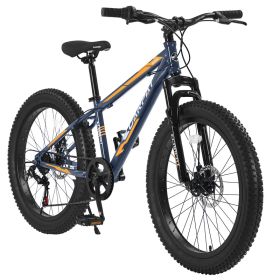 S24109 Elecony 24 Inch Fat Tire Bike Youth Full Shimano 7 Speeds Mountain Bike, Dual Disc Brake, High-Carbon Steel Frame, Front Suspension, Mountain T (Option: Gray)