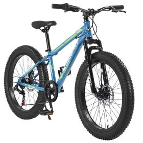 S24109 Elecony 24 Inch Fat Tire Bike Youth Full Shimano 7 Speeds Mountain Bike, Dual Disc Brake, High-Carbon Steel Frame, Front Suspension, Mountain T (Option: Blue Green)